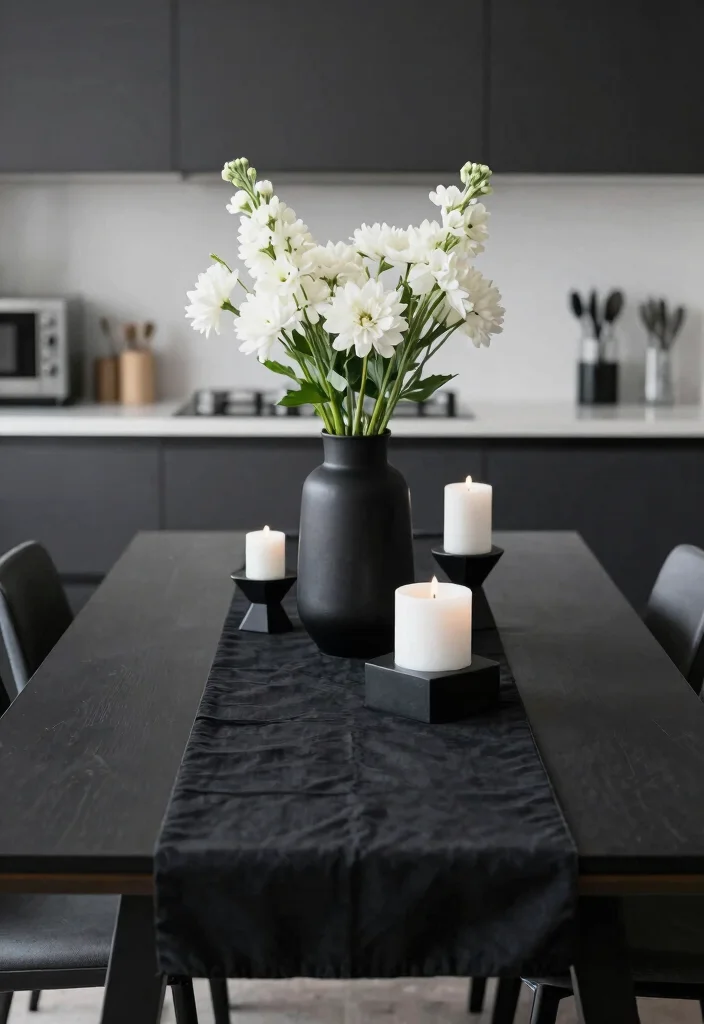 15 Black Kitchen Table Decor Ideas With Modern Edge - 1. Chic Monochrome Centerpiece 1