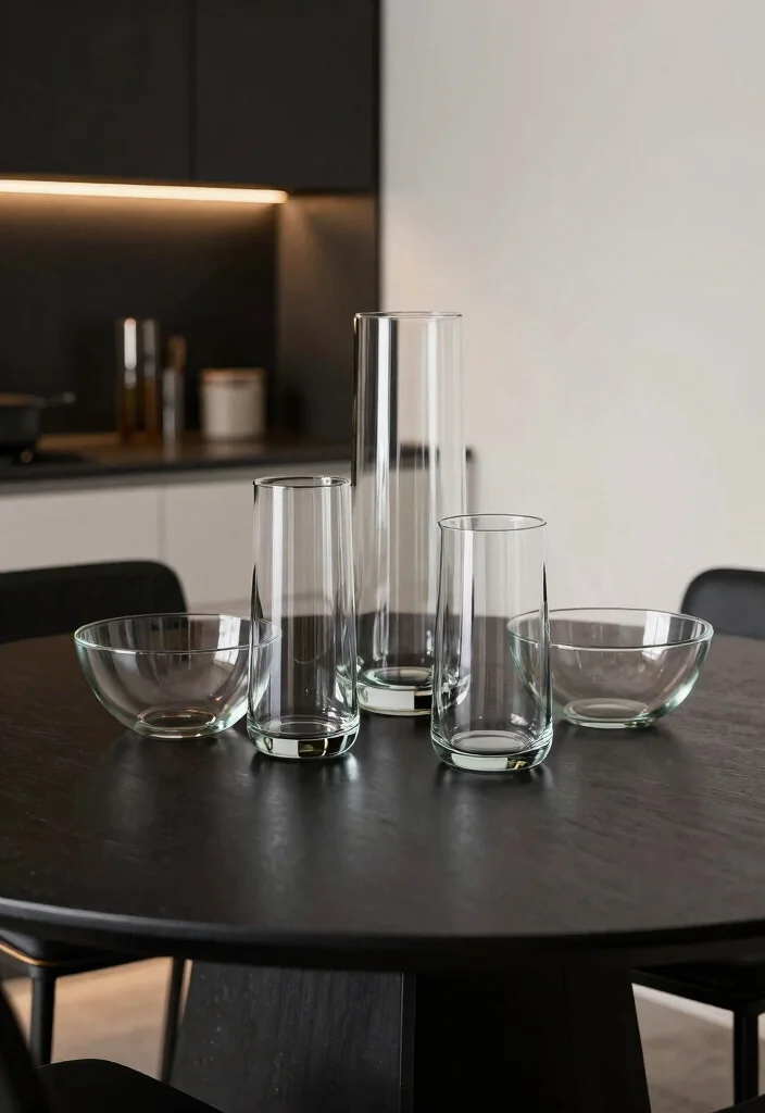 15 Black Kitchen Table Decor Ideas With Modern Edge - 12. Contemporary Glass Accents 1