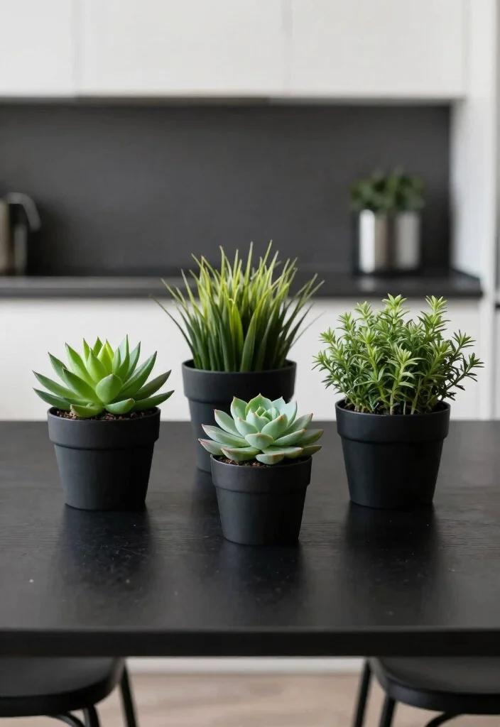 15 Black Kitchen Table Decor Ideas With Modern Edge - 14. Minimalist Plant Decor 1