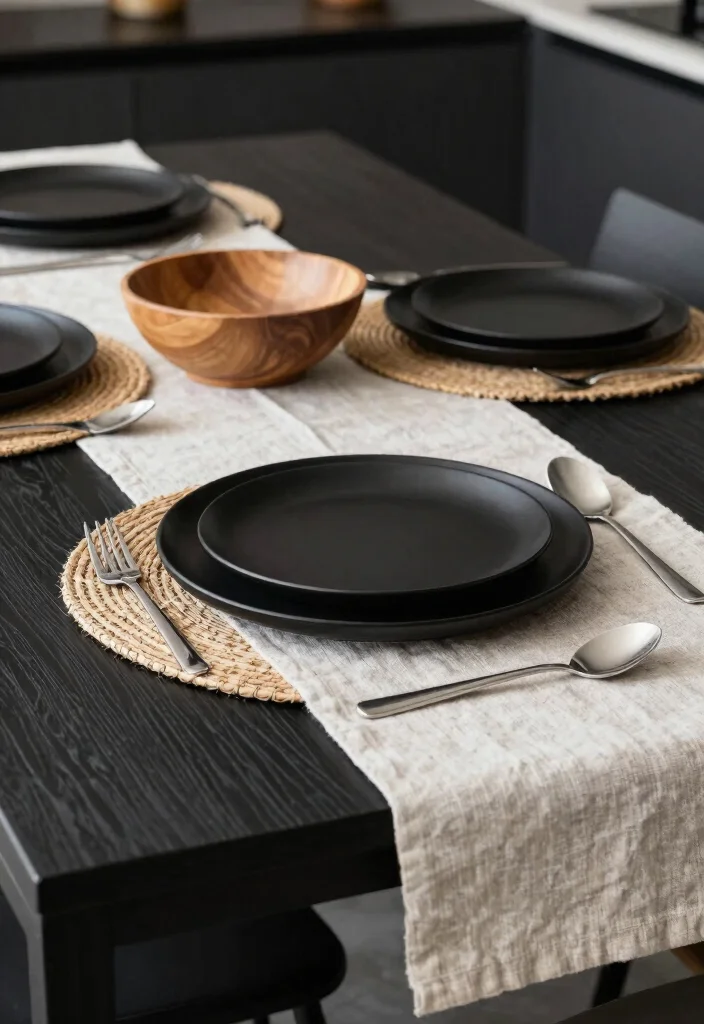 15 Black Kitchen Table Decor Ideas With Modern Edge - 2. Layered Textures 1