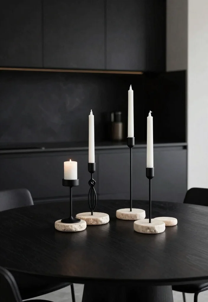 15 Black Kitchen Table Decor Ideas With Modern Edge - 4. Minimalist Candle Arrangements 1