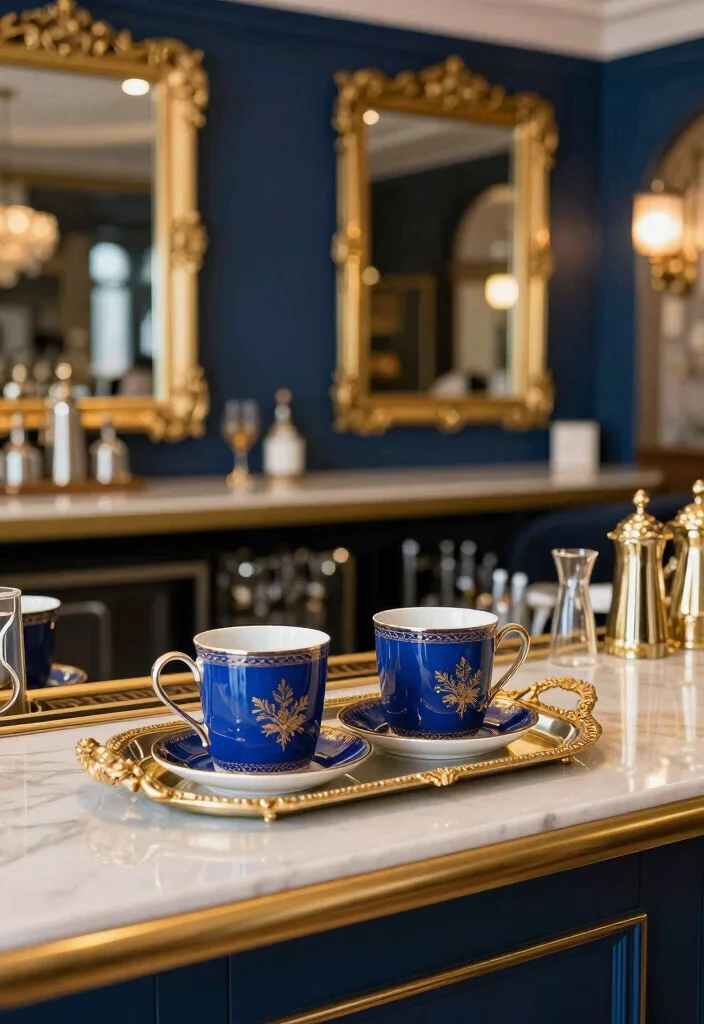 15 Blue Coffee Bar Ideas With Fresh Pop of Color - 10. Blue and Gold Glam 1