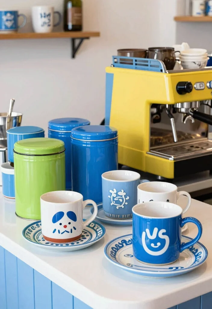 15 Blue Coffee Bar Ideas With Fresh Pop of Color - 12. Cheerful Blue Accessories 1