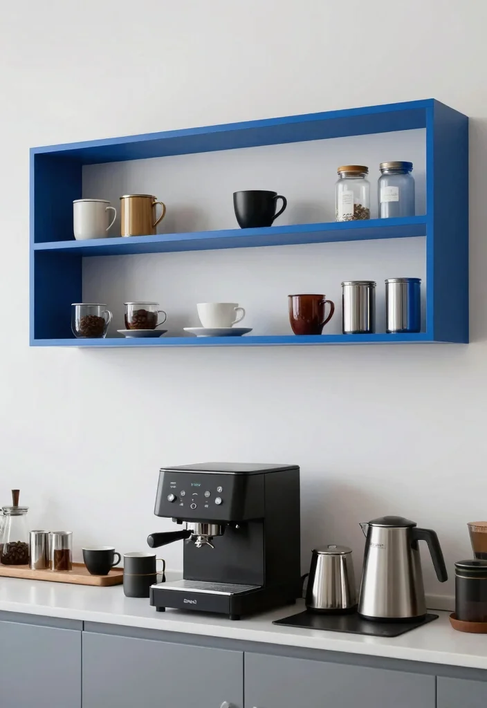 15 Blue Coffee Bar Ideas With Fresh Pop of Color - 13. Modern Blue Floating Shelves 1