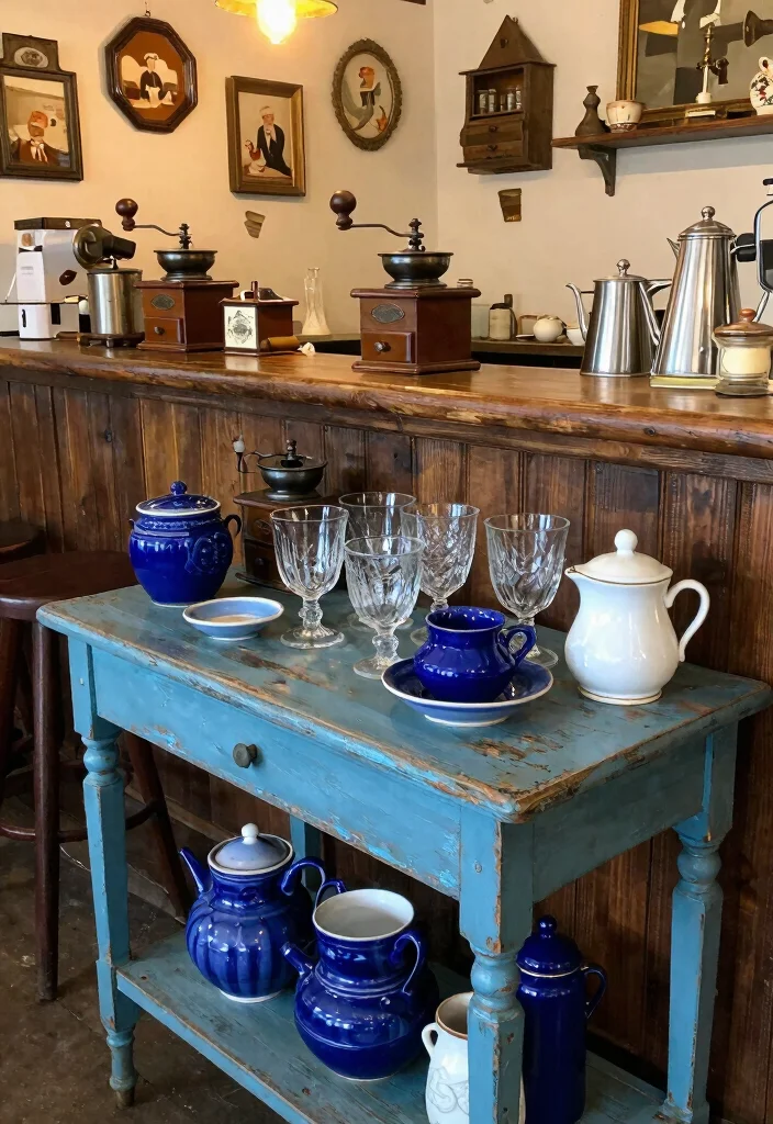 15 Blue Coffee Bar Ideas With Fresh Pop of Color - 3. Vintage Blue Charm 1
