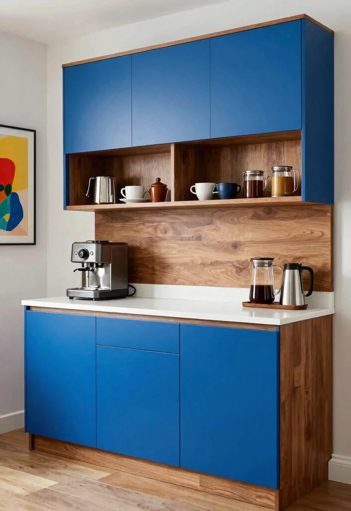 15 Blue Coffee Bar Ideas With Fresh Pop of Color - 7. Bold Blue Cabinets 1