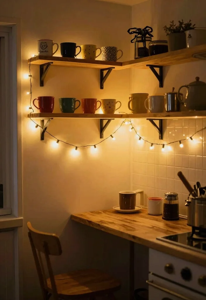 15 Coffee Bar Mug Display Ideas That Feel Cute & Organized - 10. Mug Display with String Lights 1