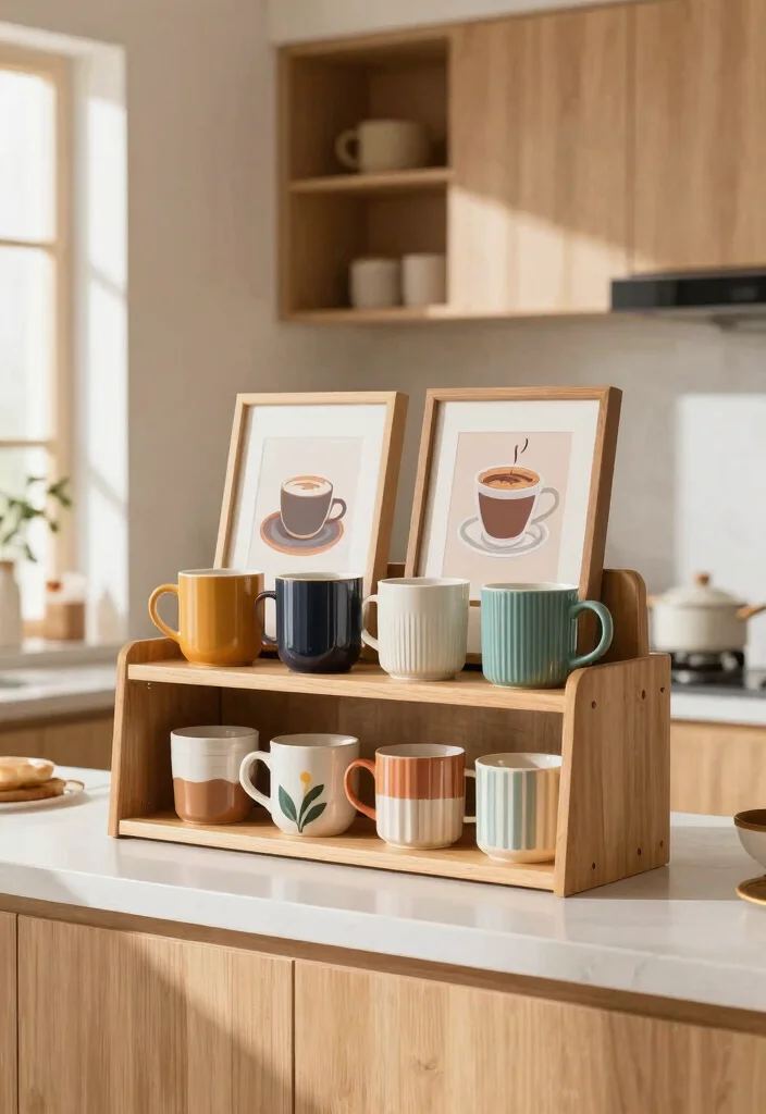 15 Coffee Bar Mug Display Ideas That Feel Cute & Organized - 12. Open Shelf Display with Mug Art 1