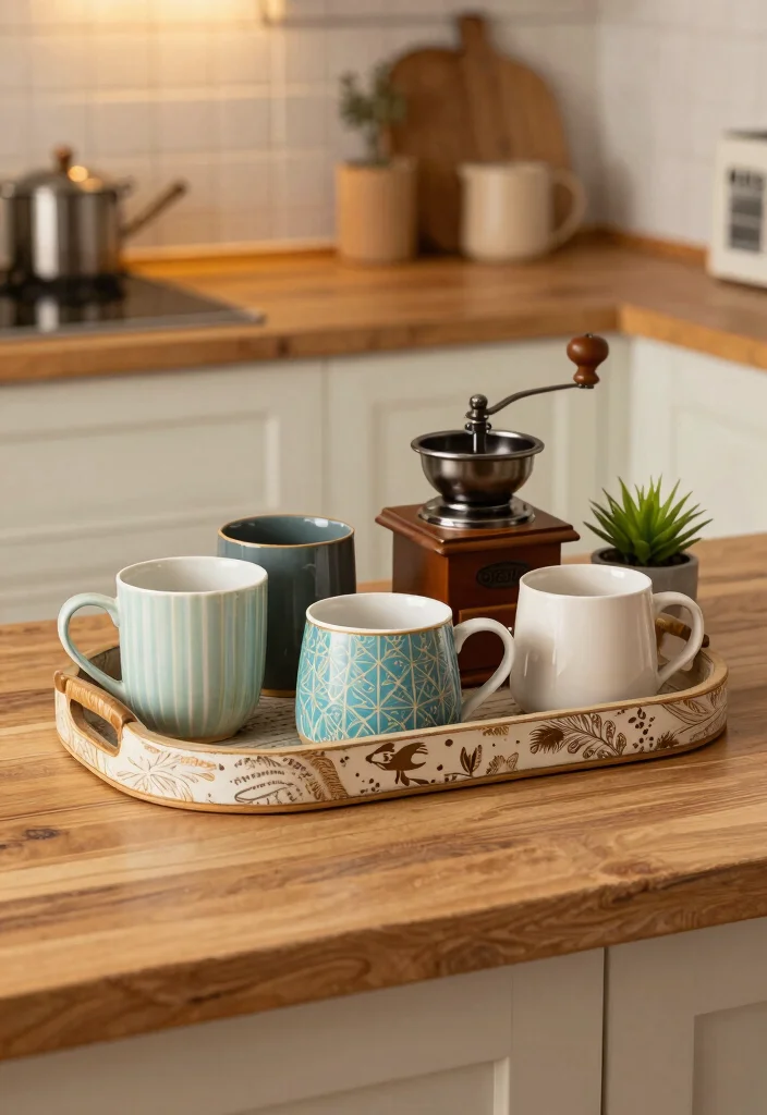 15 Coffee Bar Mug Display Ideas That Feel Cute & Organized - 13. Decorative Mug Trays 1