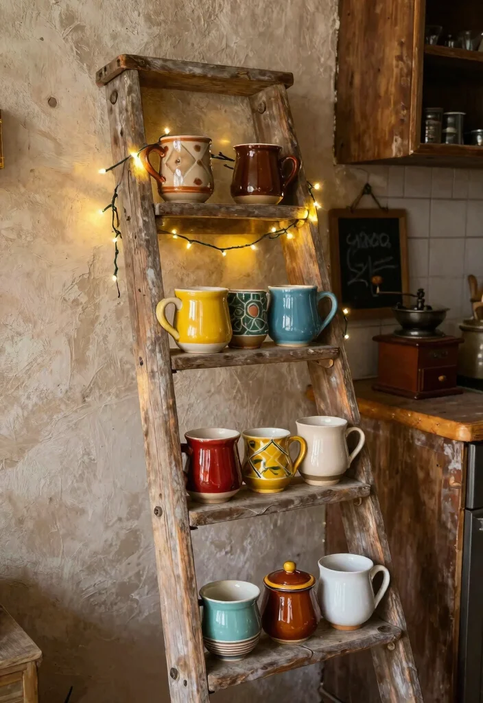 15 Coffee Bar Mug Display Ideas That Feel Cute & Organized - 2. Vintage Ladder Mug Display 1
