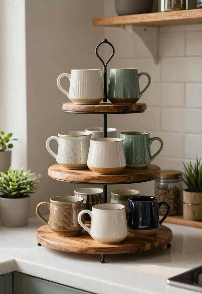 15 Coffee Bar Mug Display Ideas That Feel Cute & Organized - 5. Tiered Stand for Mugs 1