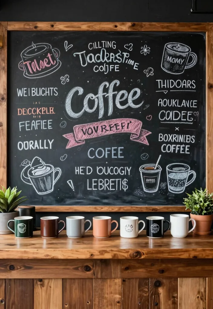 15 Coffee Bar Mug Display Ideas That Feel Cute & Organized - 6. Mug Display with a Chalkboard Backdrop 1