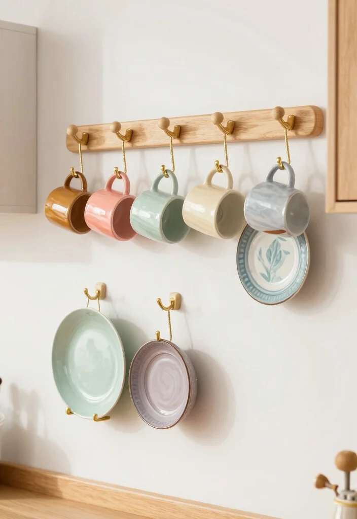 15 Kitchen Dishes Organization Ideas That Maximize Cabinets - 11. Use Wall Space for Dish Hooks 1