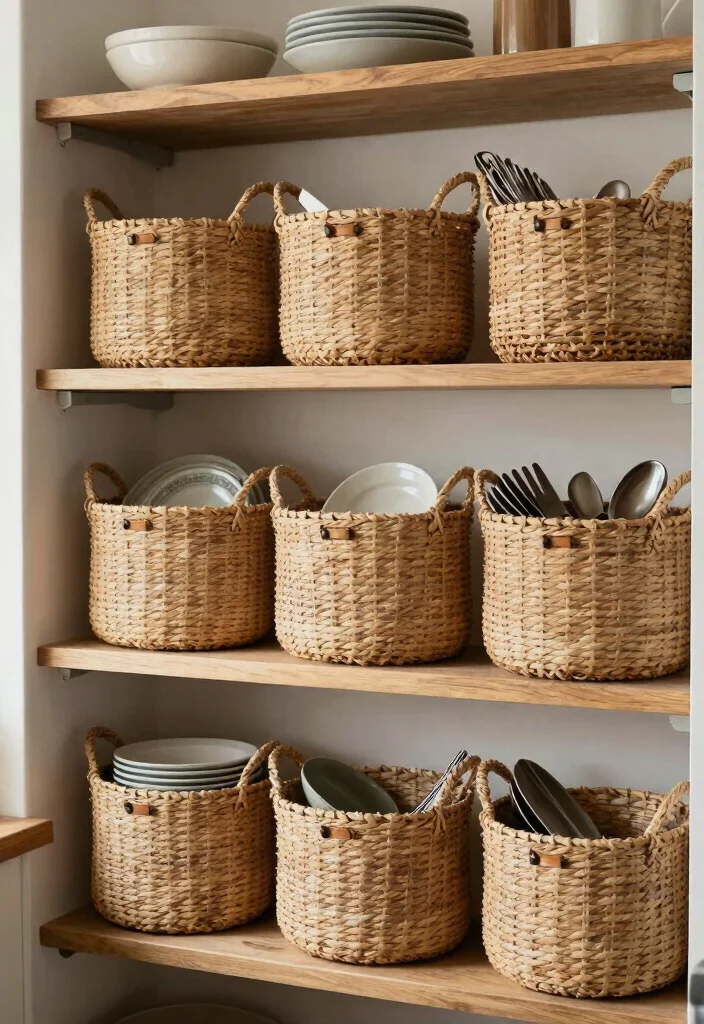15 Kitchen Dishes Organization Ideas That Maximize Cabinets - 15. Baskets for Casual Dish Storage 1