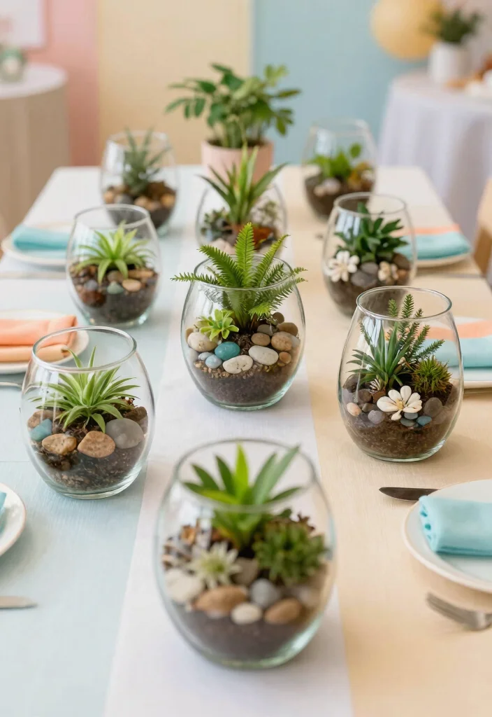 15 Simple Baby Shower Table Decor Ideas That Look Sweet - 11. Playful Miniature Terrariums 1