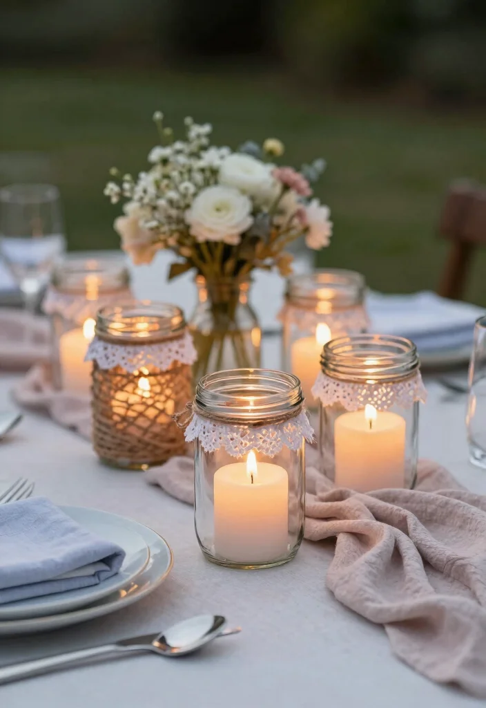 15 Simple Baby Shower Table Decor Ideas That Look Sweet - 7. Upcycled Glass Jars for Candles 1