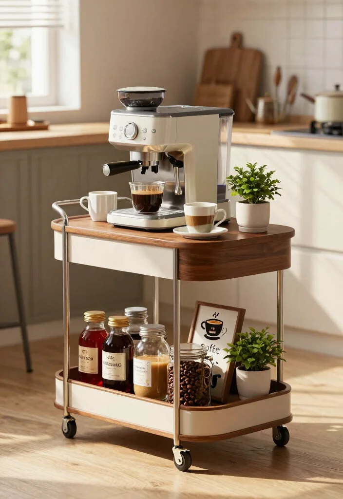 15 Small Coffee Bar Ideas Counter Space That Maximize Every Inch 12 15 Small Coffee Bar Ideas Counter Space That Maximize Every Inch - 2. Rollable Coffee Cart for Flexibility 1