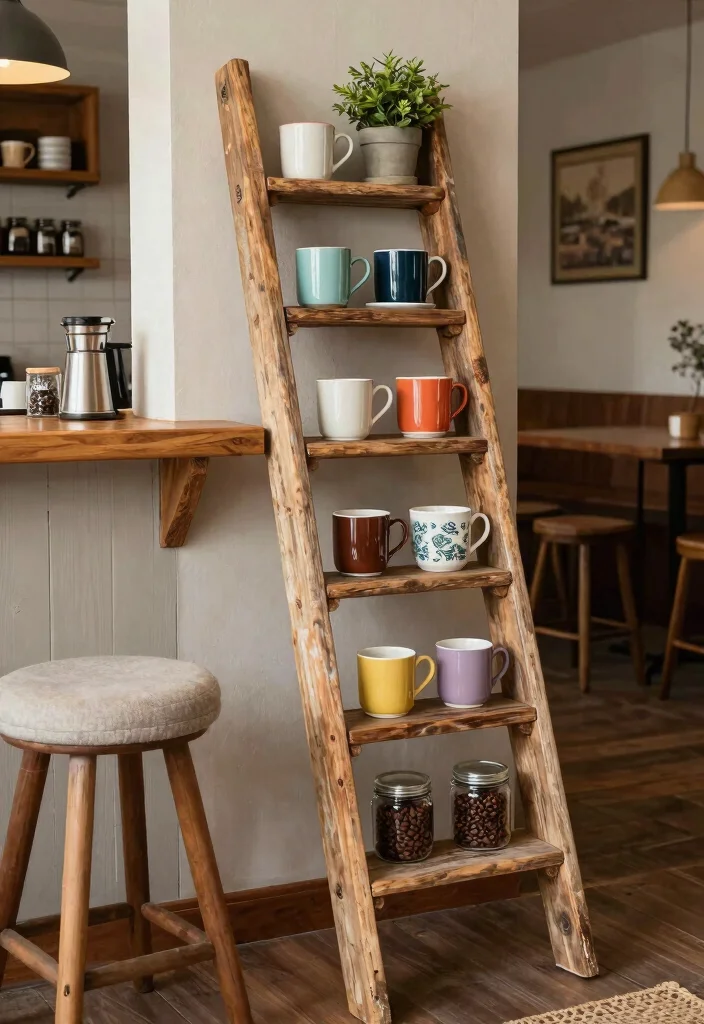 15 Small Coffee Bar Ideas Counter Space That Maximize Every Inch 26 15 Small Coffee Bar Ideas Counter Space That Maximize Every Inch - 6. Upcycled Ladder for a Rustic Touch 1