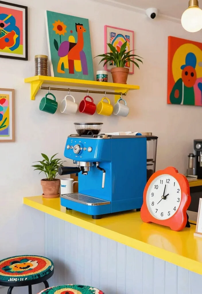 15 Work Coffee Bar Ideas That Boost Office Energy - 3. Color Pop Coffee Bar 1