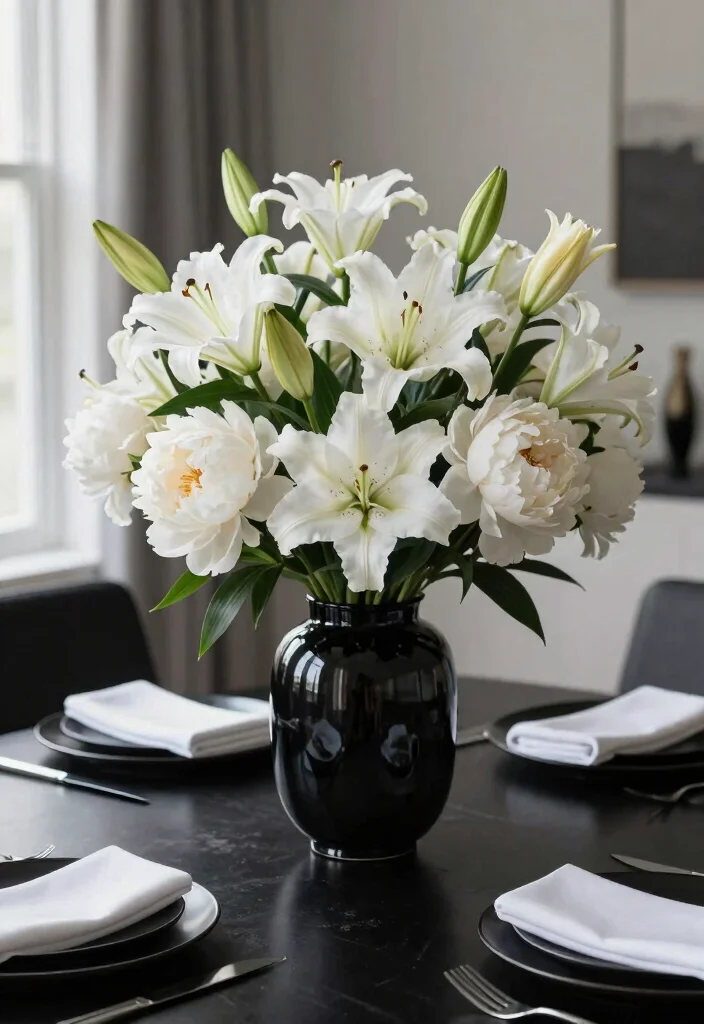 16 Black and White Table Decor Ideas With Bold Contrast - 1. Monochrome Floral Centerpiece 1
