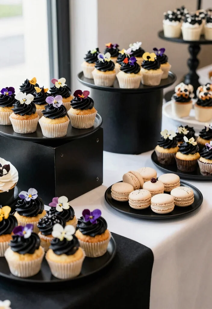 16 Black and White Table Decor Ideas With Bold Contrast - 11. Black and White Dessert Display 1