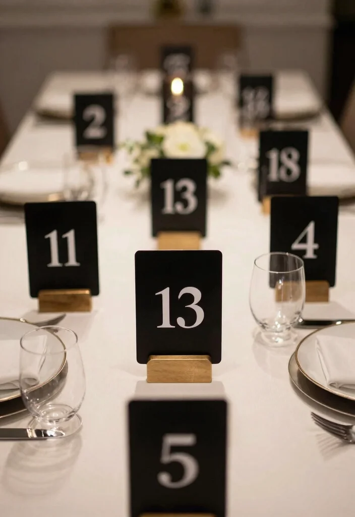 16 Black and White Table Decor Ideas With Bold Contrast - 12. Creative Table Numbers 1