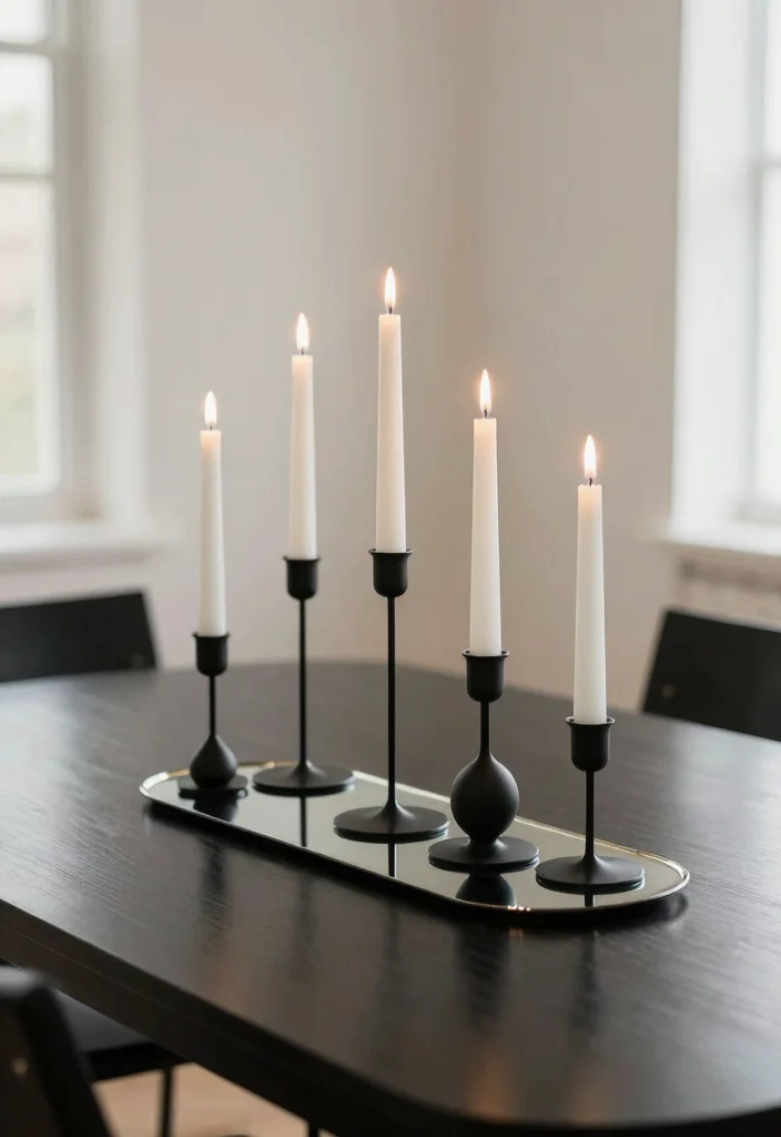 16 Black and White Table Decor Ideas With Bold Contrast - 3. Minimalist Candlescape 1