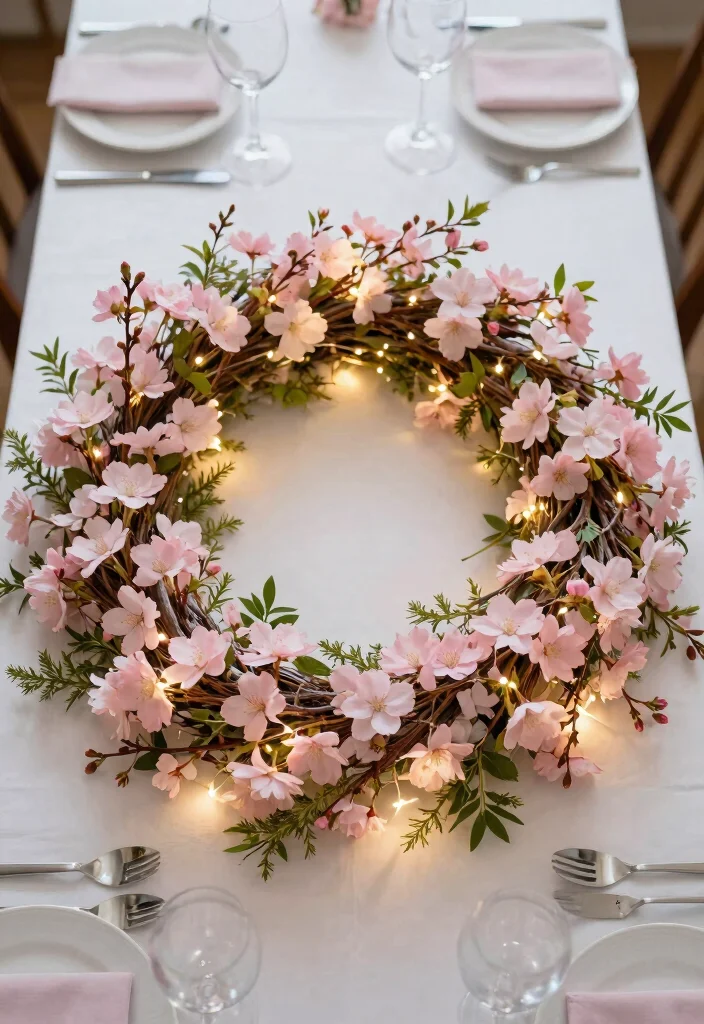 16 Cherry Blossom Table Decor Ideas With Soft Romantic Vibes - 12. Cherry Blossom Wreaths as Table Decor 1