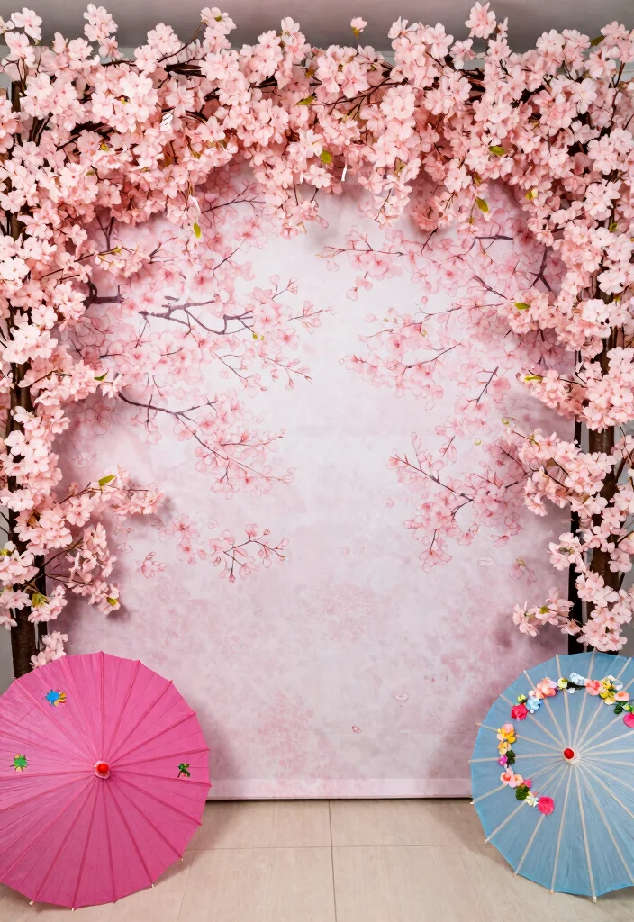 16 Cherry Blossom Table Decor Ideas With Soft Romantic Vibes - 13. Cherry Blossom Photo Booth Backdrop 1