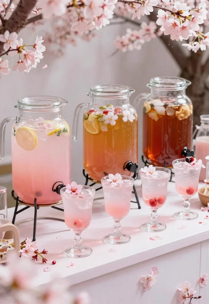 16 Cherry Blossom Table Decor Ideas With Soft Romantic Vibes - 15. Cherry Blossom Themed Beverage Station 1
