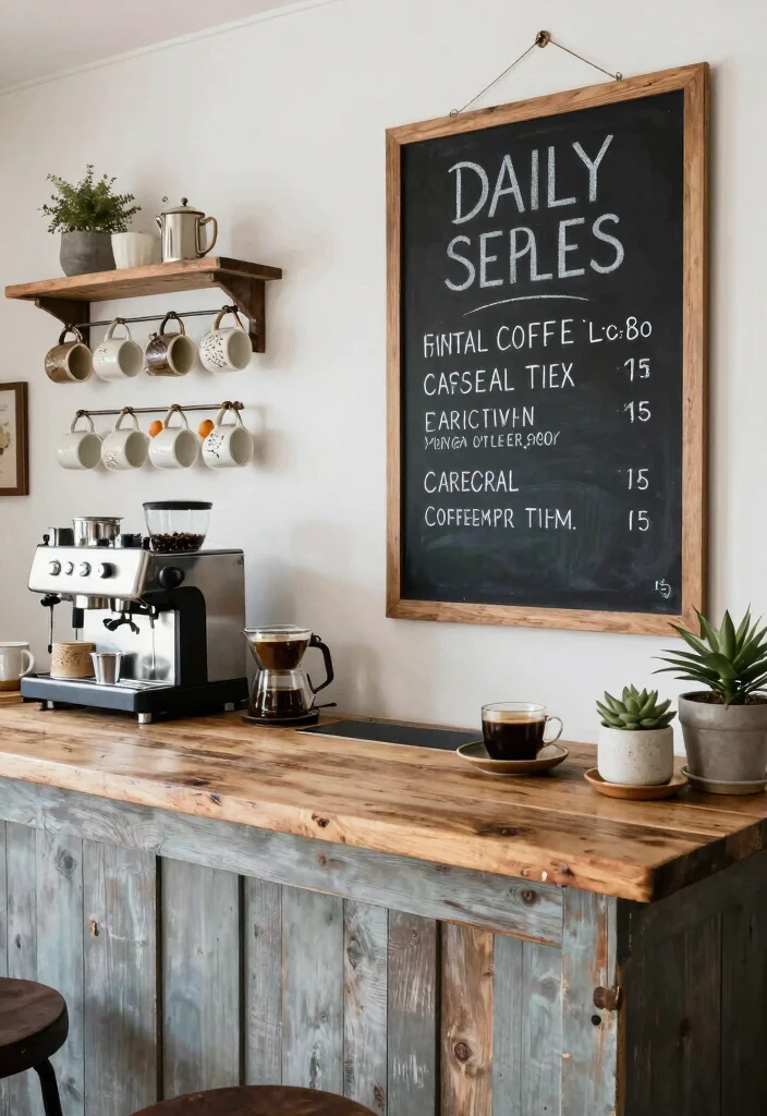 16 Coffee Bar Design Ideas That Look Sleek & Functional - 7. Rustic Farmhouse Coffee Bar 1