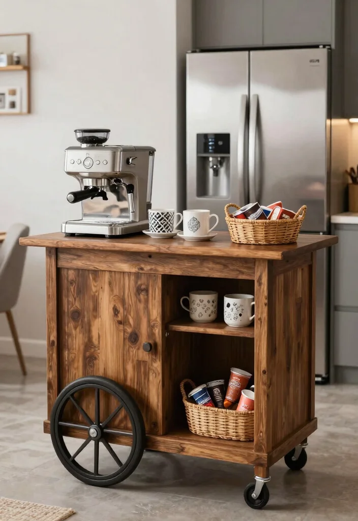 16 Coffee Bar Next to Fridge Ideas That Flow Perfectly - 2. Vintage Cart Coffee Bar 1