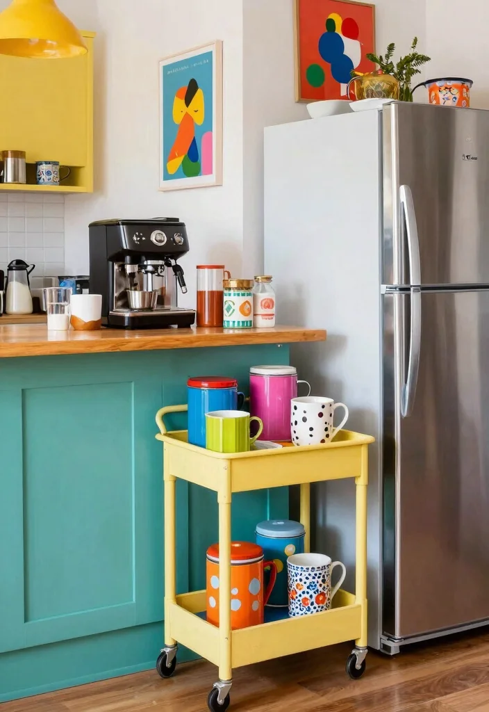 16 Coffee Bar Next to Fridge Ideas That Flow Perfectly - 5. Colorful Coffee Bar Corner 1