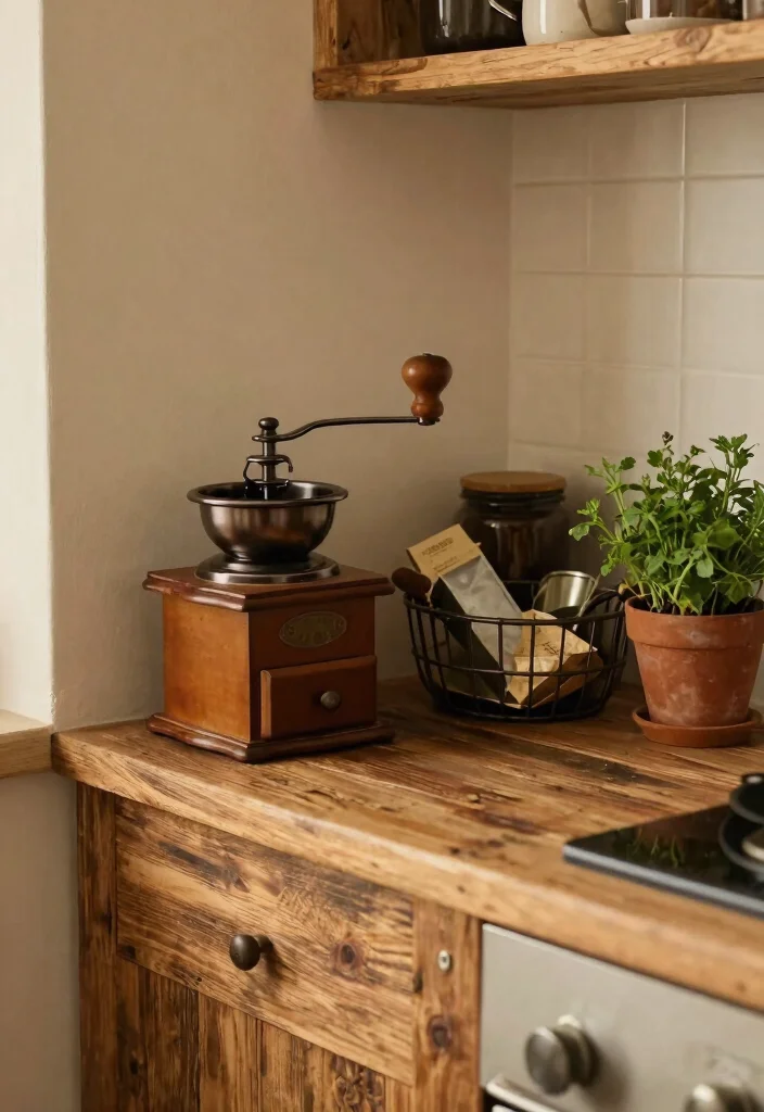 16 Coffee Bar Next to Fridge Ideas That Flow Perfectly - 6. Rustic Coffee Station Charm 1