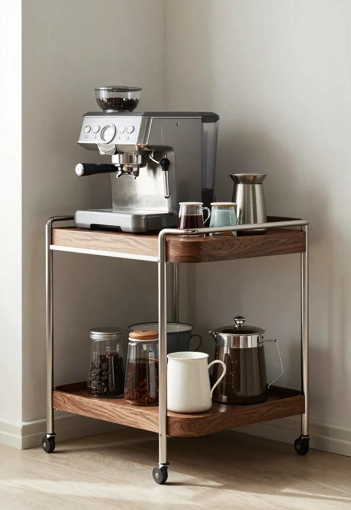 16 Coffee Bar Next to Fridge Ideas That Flow Perfectly - 7. Sleek and Modern Bar Cart 1