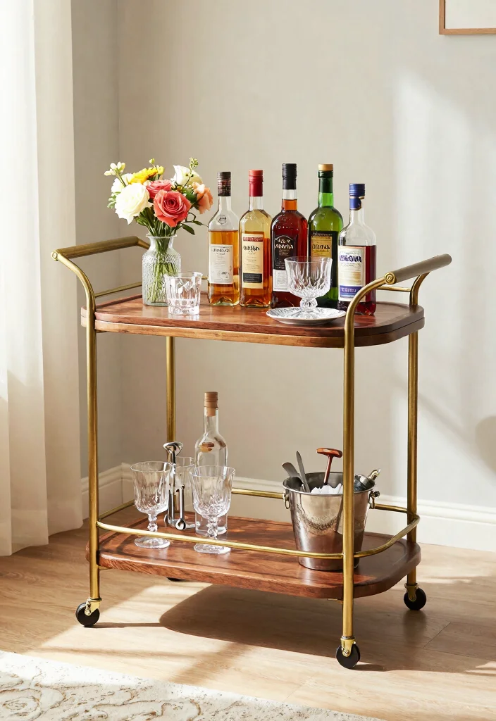 16 Coffee and Bar Station Ideas With Stylish Setup - 1. Vintage Bar Cart Charm 1