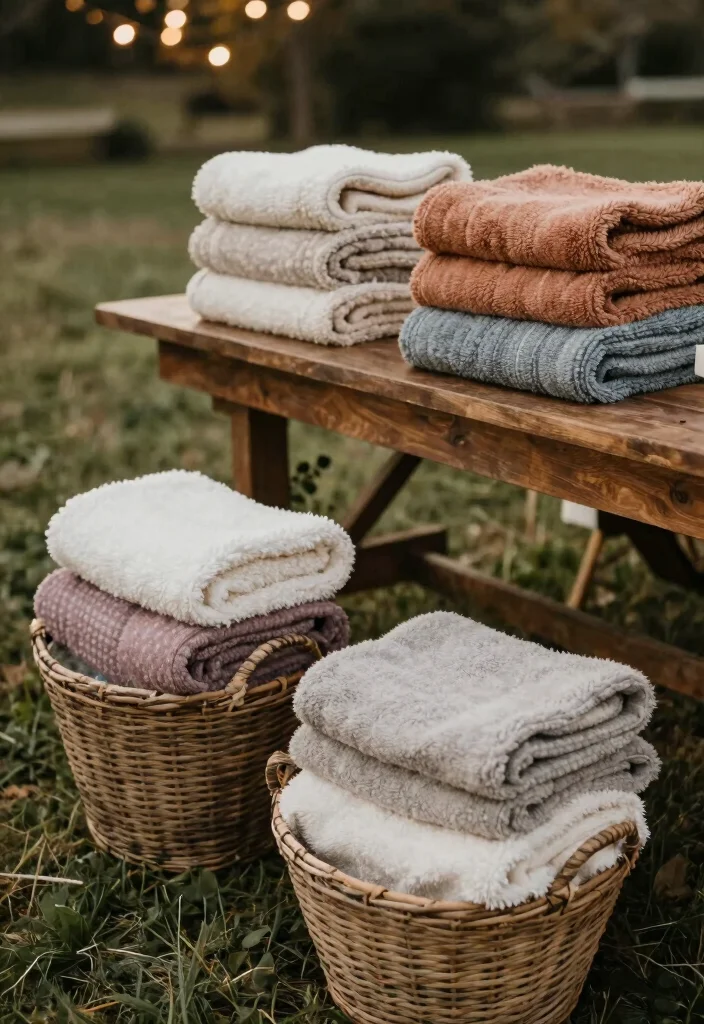 16 Farm Table Wedding Decor Ideas With Rustic Romance - 11. Cozy Blankets for Guests 1