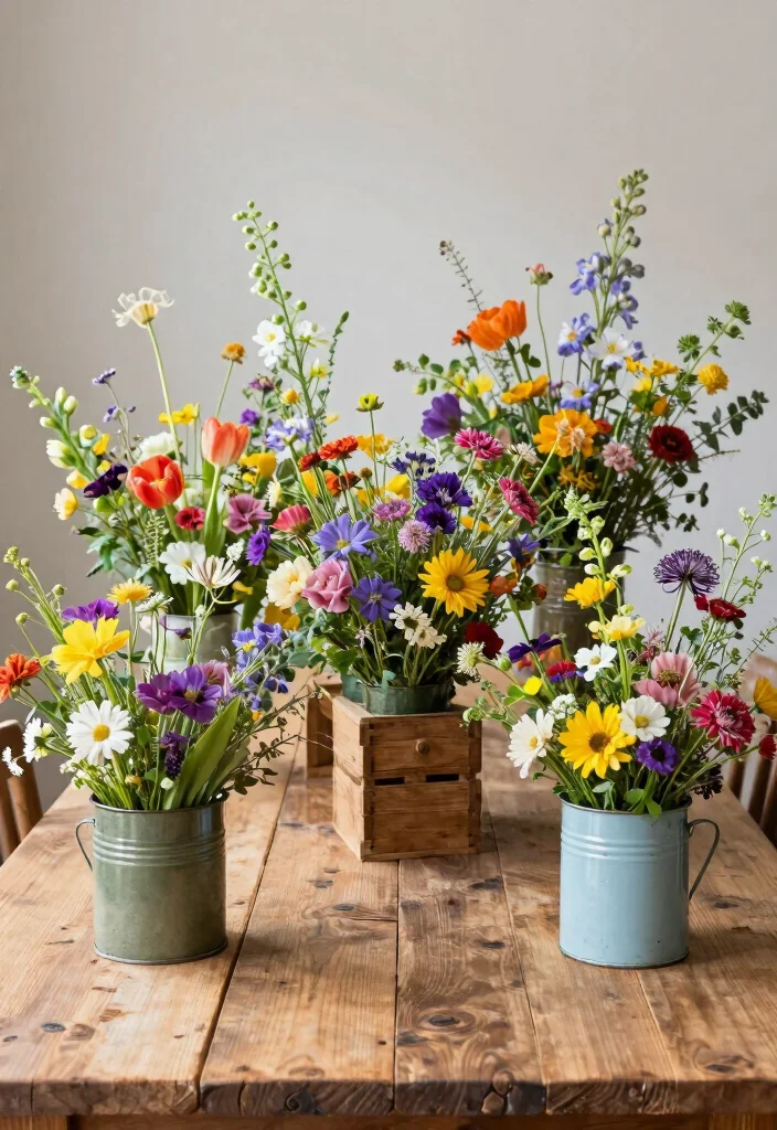 16 Farm Table Wedding Decor Ideas With Rustic Romance - 3. Whimsical Flower Arrangements 1