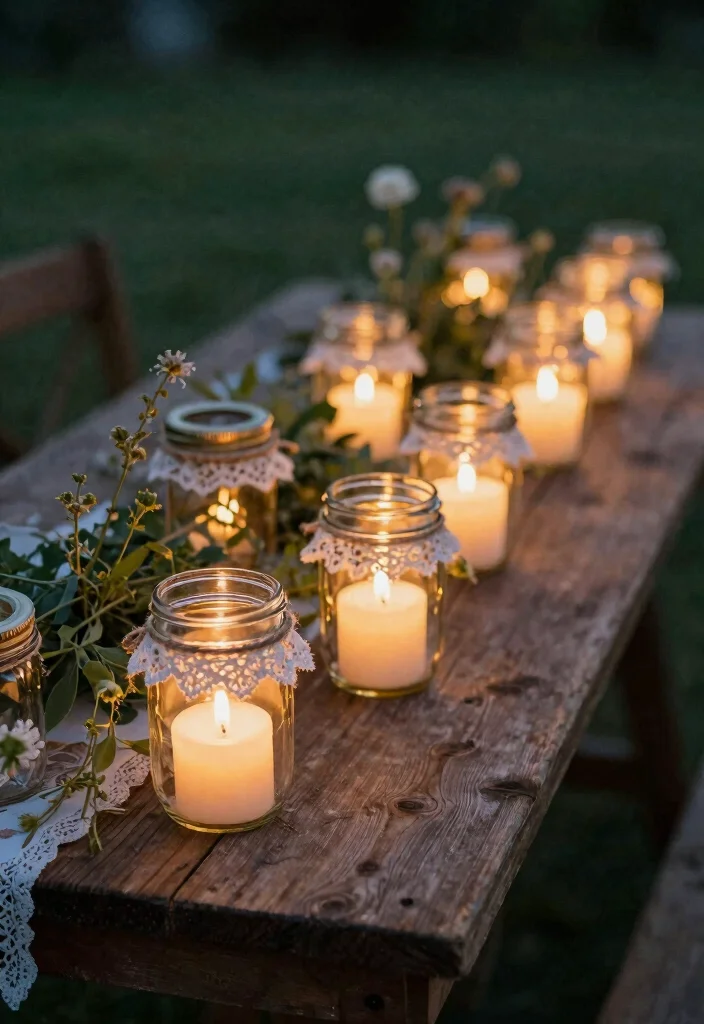 16 Farm Table Wedding Decor Ideas With Rustic Romance - 4. Rustic Candles in Mason Jars 1