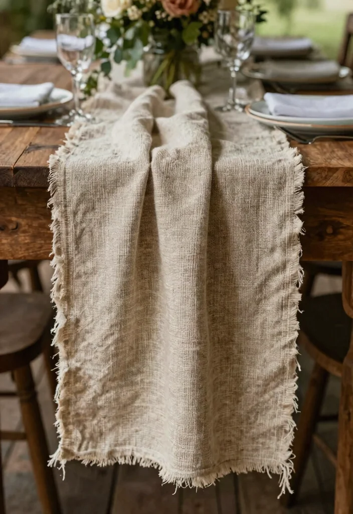 16 Farm Table Wedding Decor Ideas With Rustic Romance - 9. Natural Fabric Table Linens 1