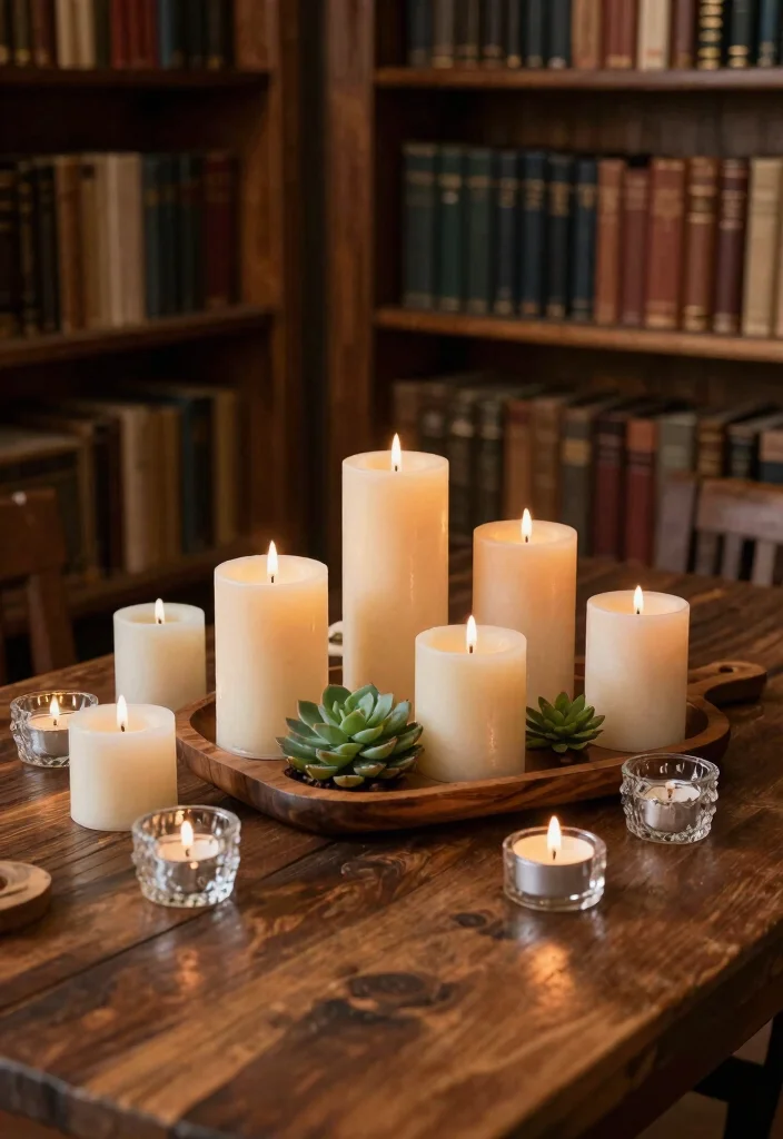 16 Library Table Decor Ideas That Look Classic & Cozy 2 16 Library Table Decor Ideas That Look Classic & Cozy - 2. Cozy Centerpiece with Candles 1
