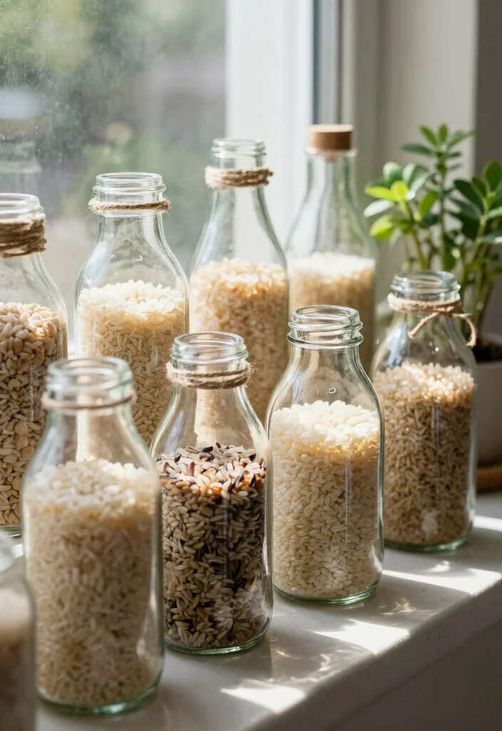 16 Rice Storage Ideas Kitchen Organization That Keep It Fresh - 5. Repurposed Glass Bottles for a Creative Twist 1