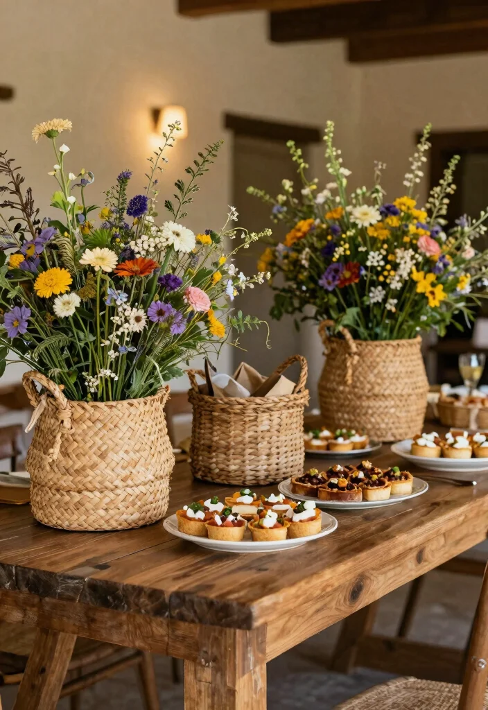 16 Wildflower Wedding Table Decor Ideas With Rustic Beauty - 10. Woven Baskets as Decor 1