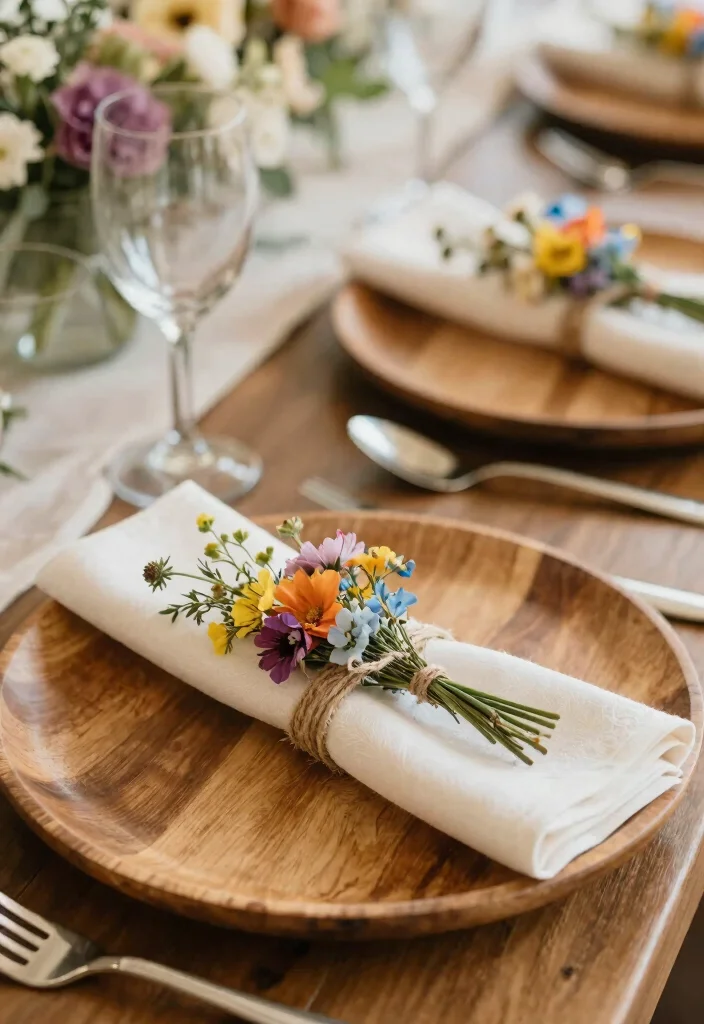 16 Wildflower Wedding Table Decor Ideas With Rustic Beauty - 11. Floral Napkin Rings 1