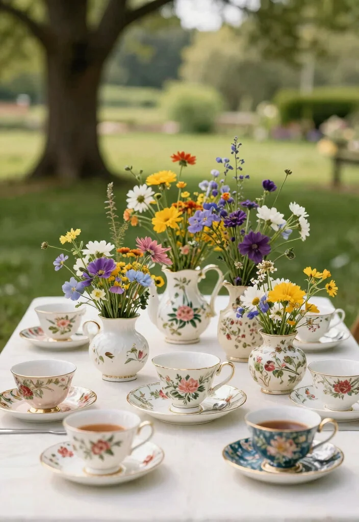 16 Wildflower Wedding Table Decor Ideas With Rustic Beauty - 3. Vintage Tea Sets 1