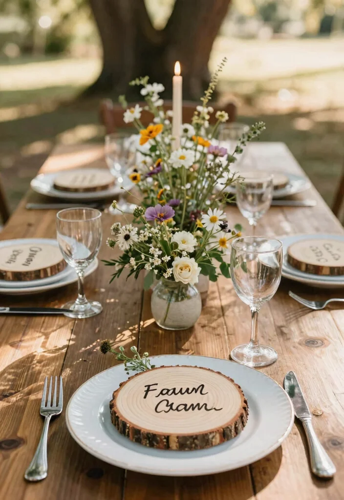 16 Wildflower Wedding Table Decor Ideas With Rustic Beauty - 4. Wood Slice Place Holders 1