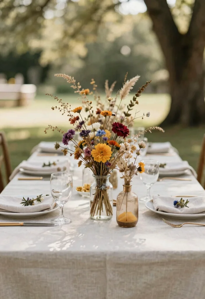 16 Wildflower Wedding Table Decor Ideas With Rustic Beauty - 6. Dried Flower Accents 1