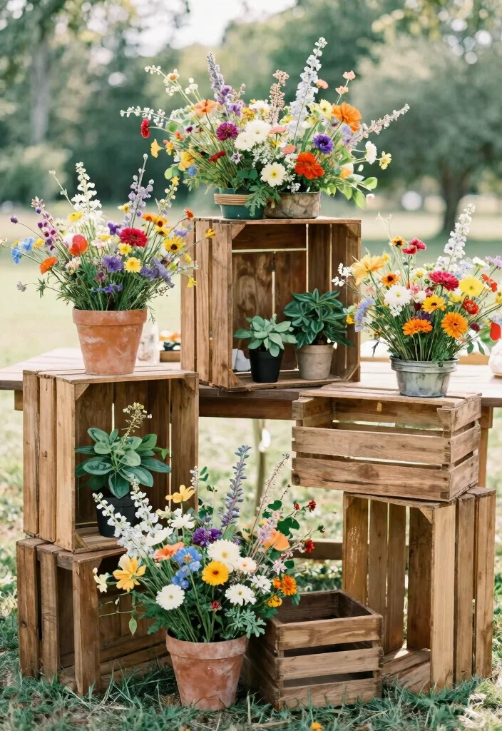 16 Wildflower Wedding Table Decor Ideas With Rustic Beauty - 8. Rustic Crates for Centerpieces 1