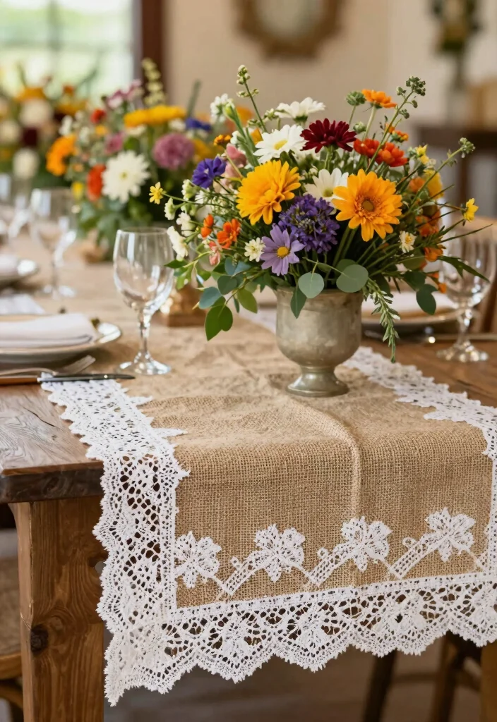 16 Wildflower Wedding Table Decor Ideas With Rustic Beauty - 9. Lace and Burlap Accents 1