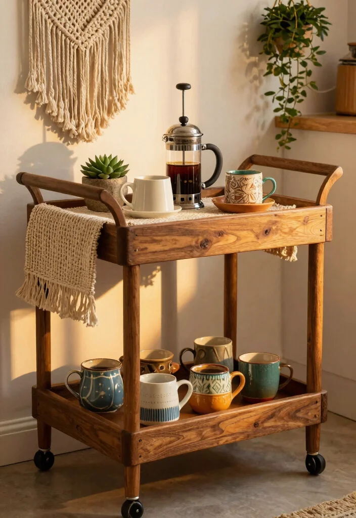 17 Boho Coffee Bar Ideas With Relaxed Chic Vibes - 1. Vintage Bar Cart Charm 1